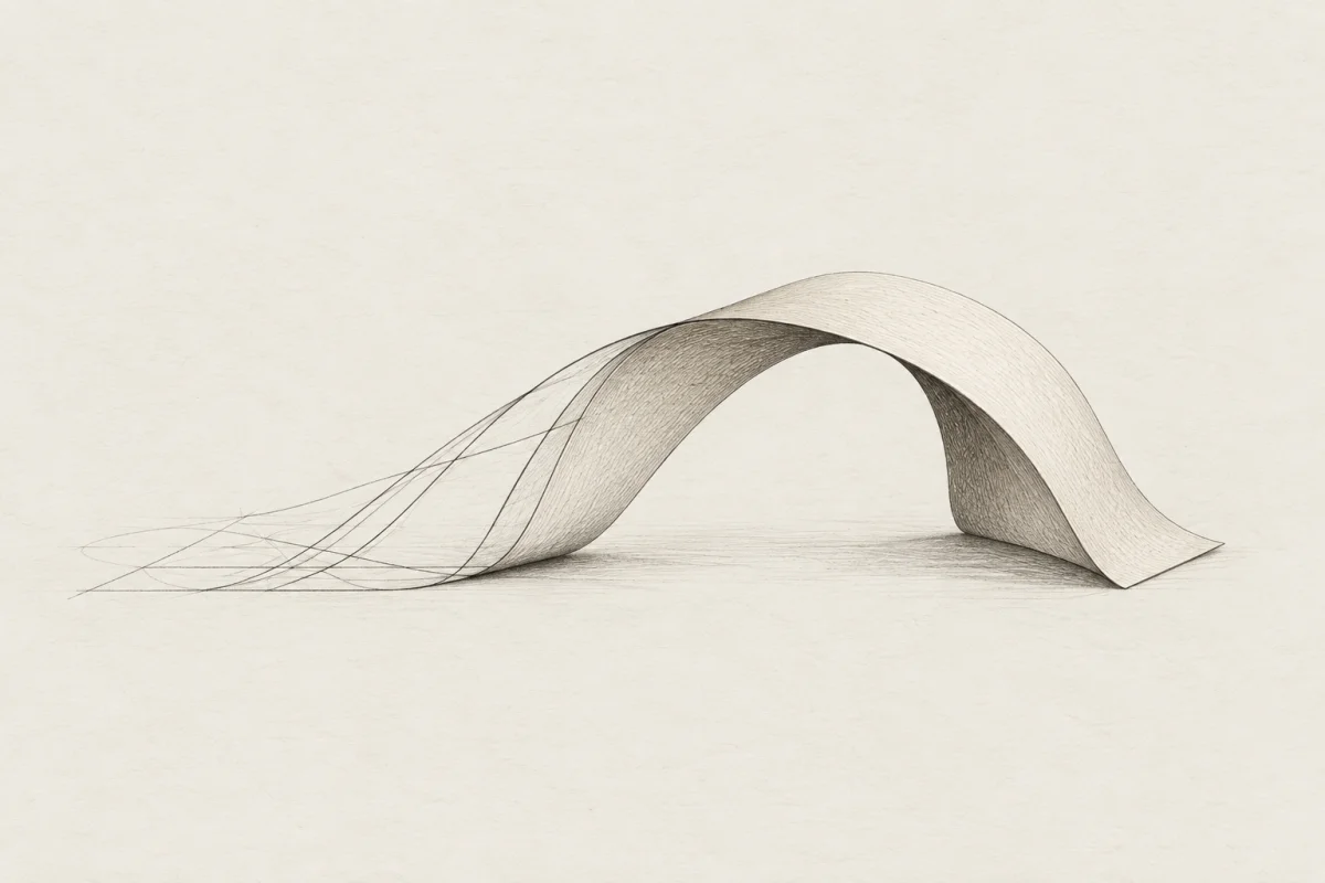 An engraving of a paper arch, its left side emerging from the fine lines of a construction drawing.